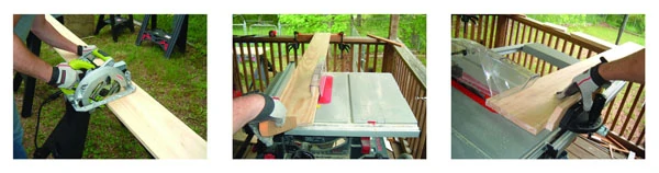 Rough-cut the boards with a circ saw… Then finish-cut the boards on a table saw … Homemade auxiliary facing for your miter gauge makes it easier to cross-cut long boards.