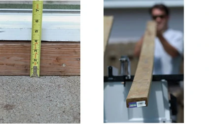 Left: Measure from the existing patio to the threshold or bottom of the door frame. Allow for the thickness of the decking material. Right: Sight down the board to determine crown. Turn the board so that the convex edge is against the fence.