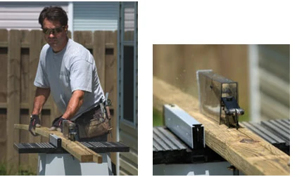 Left: Feed the board from the control side of the saw until you reach the balancing point. Right: Keep the board against the fence for a uniform cut.