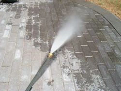 Various nozzles can be used to change the spray pattern such as this concentrated stream for high-pressure cleaning.