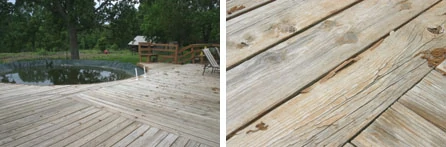 (Left) Decks take a lot of abuse from the sun, weather and traffic, and this 25 year old deck is more than ready for a redo. (Right) Split boards and popped nails are common with a deck this old.
