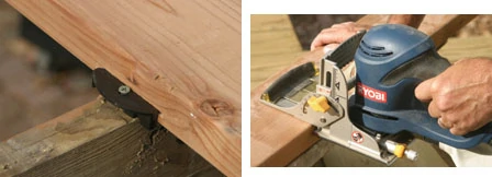 (Left) If using composite materials or redwood or cedar lumber for decking, EB-TY hidden deck fasteners can be used. (Right) First step is to cut slots in the boards with a biscuit cutter.