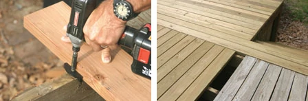 (Left) The fasteners are then fitted in the board slots and fastened with screws. (Right) The old deck shown was redone using Wolmanized Residential Outdoor pressure-treated wood, for a long lasting deck in Missouri's severely changing weather.