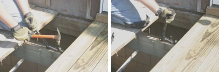 (Left) The Vaughan Bowjak makes quick work of installing bowed boards. Firts hammer it in place against the board. (Right) Then push the lever to force the board in place.