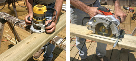 (Left) The cut ends of all boards are trimmed with a round-over trim strip. A round-over bit in a router is used to cut the edges. (Right) Then the boards are ripped to create the trim