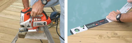 (Left) The ends of the deck boards are rounded with a jigsaw. (Right) The Bosch digital angle-finder is used to determine the angle of cuts for the trim boards around the pool.