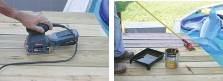 (Left) The deck is sanded smooth and cleaned thoroughly. (Right) Sikkens Cetol SRD was used to apply a transparent stain/oil finish. The finish is applied with a roller, sprayer or deck pad.