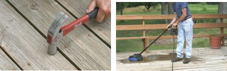 (Left) First step in repair is to drive down all popped nails. (Right) In some cases a simple cleaning chore is all that's necessary. Campbell Hausfield's electric power washer and Deck'n Drive rotary surface cleaner make cleaning dirty decks easy.