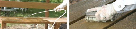 (Left) Completely clean and remove old finish using a heavy-duty deck cleaner sprayed on with a pump-up sprayer. (Right) Keep the surface wet, working with a little area at a time. Wait about 15 minutes and scrub away old finish with a stiff bristle brush.