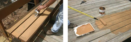 (Left) Apply a new sealer coat. Available in clear or a variety of colors, they add new beauty to old decks. (Right) The sealer can be brushed on or rolled on.
