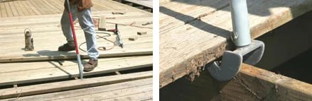 (Left) Deck boards that have splintered and split, cupped and warped, or with lots of popped nails, are best replaced with new boards. (Right) The McFeely's Deck Wrecker makes quick work of prying up old deck boards.