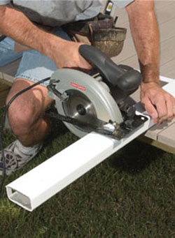 Rails can be cut off with a circular saw equipped with a carbide blade. Be sure to leave enough rail to adequately penetrate the post.