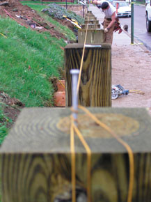 Cut the posts to length, drop them in the hole, set them to the string height, plumb in both directions, then brace with 2-by at the base.
