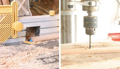 Left: The seat slats have their top edges rounded using a round-over bit in a router table. Right: The simplest way to do most of the counterboring is with a forstner bit in a drill press.