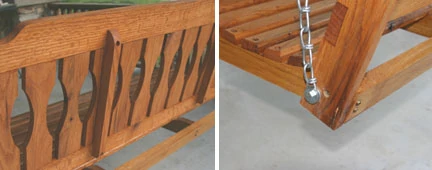 Left: Rear braces keep the back from spreading apart. Right: The swing is suspended with a chain held in place with a bolt, washer, chain, washer threaded through the wood, then another washer and lock nut.