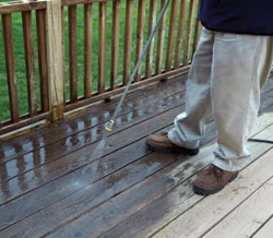 A thorough cleaning to remove dirt and debris is the first step to renew the surface the exterior wood.