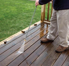 Use caution when using a pressure washer. Too much pressure can damage the wood grain.