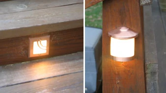 Left: Recessed step lighting, such as that from Highpoint can be used to provide lighting for steps and stairs. Right: Railing lights can also provide more light for railings over steps or as a decor for the deck.