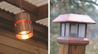 Left: Hanging lights, such as these from Highpoint, add to the ambience and are an excellent choice for deck canopies. Right: Solar lights, such as these post lights from Malibu, can provide illumination without the need for electricity.