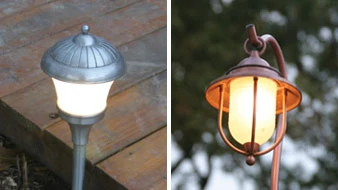 Left: Ground-stake held lights, such as these from Malibu, can be used around low decks. Right: A hanging lantern light can be fastened to a deck with a block of wood with a groove cut in it the diameter of the fixture tube.