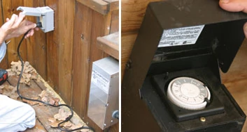 Left: The transformer must be installed near and plugged into a GFCI outlet in a weatherproof box. Right: Some transformers are timer activated.