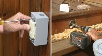 Left: In some cases you may have to install a weatherproof outlet box and GFCI outlet. Right: Recessed step lights are installed in holes bored in the step risers. Bore the holes using a 3" hole saw or forstner bit.