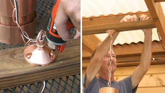 Left: A hanging light for a deck canopy is fastened to a support block, with wires run through the block. Right: The block is then fastened to the sunroof framing and the fixture wires are attached to the secondary wires.