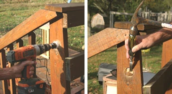 Left: Make a 1-1/4 hole 1-1/2" deep in the post , or 1" deep in the railing to receive the fixture. Right: Chisel the waste material out of the hole.