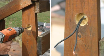 Left: Bore a 1/2" hole through the remainder of the post or railing. Right: Feed secondary wire through the back into the hole.