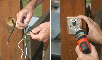 Left: Strip the fixture wires, as well as the secondary wires and attach the wires with wire nuts. Make sure the wire nuts are tight and no bare wiring is exposed. Right: Tuck the wiring into the hole and install the back plate.