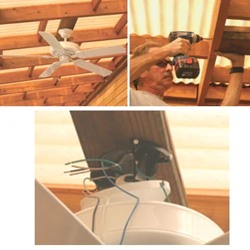 Upper Left: An outdoor ceiling fan can make a deck canopy or sunroof much more comfortable in the hot summer months. Upper Right: A light fixture box is attached to a support piece. The Support piece is then attached to the underside of the canopy or sunroof framing. Below: An electrical wire is run from a switch to the fixture box, and the fan assembled, attached and wired in place.