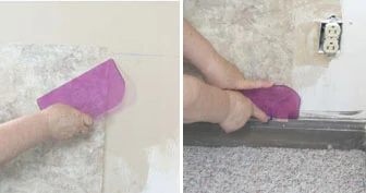Left: Then smooth the remainder of the strip in place against the plumb line using a tool such as the Zinsser WalWiz 3-in-1 wallpaper tool. Right: Trim around moulding, doors and windows using the 3-in-1 tool as a guide for a knife.
