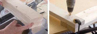 Left: Use the first piece as a template for the second. Right: Mark for holes, clamp carefully and drill.