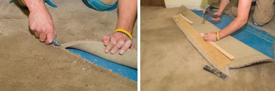 Left: Cut back the carpet in a location that is somewhat inside the new flooring area. Right: Fold the carpet back and tack it into place for the duration of the hardwood floor installation.