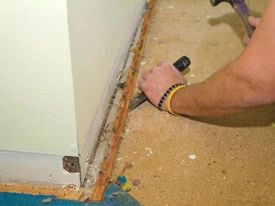 A chisel, flat bar or putty knife can be used to pry up carpet tack strips from the subfloor.