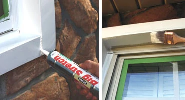 Left: Seal all the windows and doors with a high-quality exterior caulk. Right: We taped off the windows and painted them with a 2” brush.