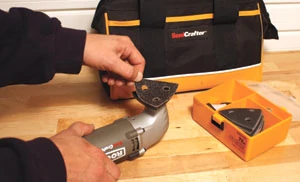Rockwell’s SoniCrafter oscillating tool is available with a variety of sanding and polishing attachments for work with wood, plastic and hardened fillers.