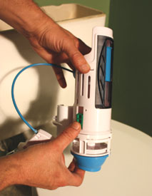 The HydroRight flush valve features adjustments for the volume of water used in the quick flush and the full flush.