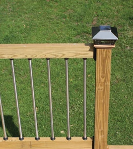 Building a deck gives you the opportunity to add a personal touch, from decorative rail systems to integrated lighting and much more. Shown here are stainless steel balusters and solar post caps from Maine Ornamental (www.deckorators.com).