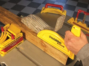 Milescraft manufactures a line of table saw accessories, including the D/T Featherboard, the PushStick and the BladeChanger.