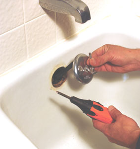 Access the drain of a tub by removing the overflow plate.