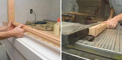 Left: We used a plowed shoe rail, which we installed from the newel post to the exterior wall. Right: For the section of guardrail which was fastened to the ceiling rake, we removed the top radius from the rail with the table saw.