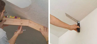 Left: Use scrap material and a torpedo level to determine the angles where the level guardrail meets the rake guardrail. Right: A sliding T-bevel can determine the angle where the exterior wall meets the ceiling rake.