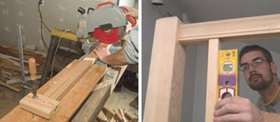 Left: Save time cutting the balusters for the level section of the guardrail by setting a stop on the miter saw wing boards. Right: During the process of setting the balusters, it's important to check every 3rd or 4th baluster to make sure that everything is staying plumb.