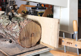 A shop-made fence, clamped to the saw table, holds the logs in place for the cuts. You can cut planks or even veneer with a bandsaw setup.