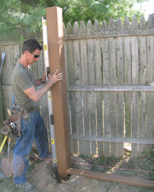 Set the post in the hole. Use rail stock as a gauge-stick and plumb both faces of the post.