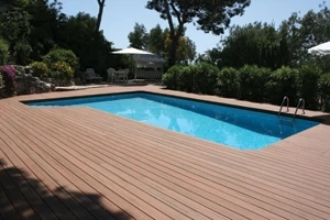 Splinter-free and slip-resistant, composite deck boards work well for pool and hot tub surrounds.