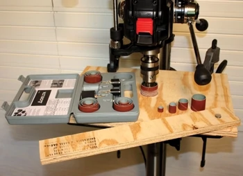 Drum-sanding attachments enable a drill press to sand the edges of boards and panels for assembling furniture and cabinetry.