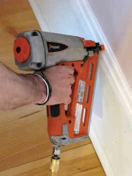I use a pneumatic nailer to fasten new trim to existing plaster. To make sure I get a snug connection to the wood lath, I sometimes nail in a V pattern.