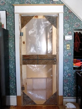 Here's a site-built "blast gate" door. Egress is required to most sites, and I want to keep as much dust behind that door as possible. RRP rules require that you drape an opening, but their recommendation is anemic. An active cold-air return sucking air could easily bypass RRP's draping system and deposit lead dust throughout the home. This blast gate is rugged, opens easily and closes positively. I do need to repair the casing where I fastened it, but that's a small price to pay.